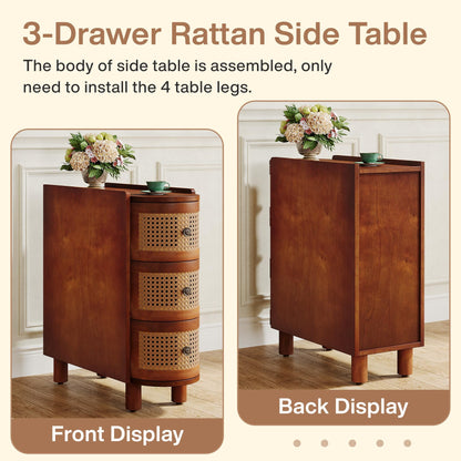 Tribesigns Set of 2 Solid Wood End Tables with 3 Rattan Drawers – Walnut & Oak Finish, No Assembly Needed