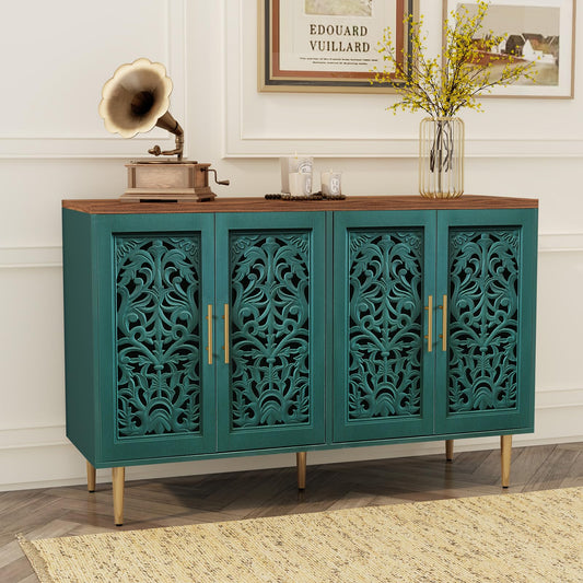 Vintage Green Wooden Sideboard Cabinet with 4 Doors – Hollow Carved Accent Storage for Living Room, Kitchen, and Dining Room