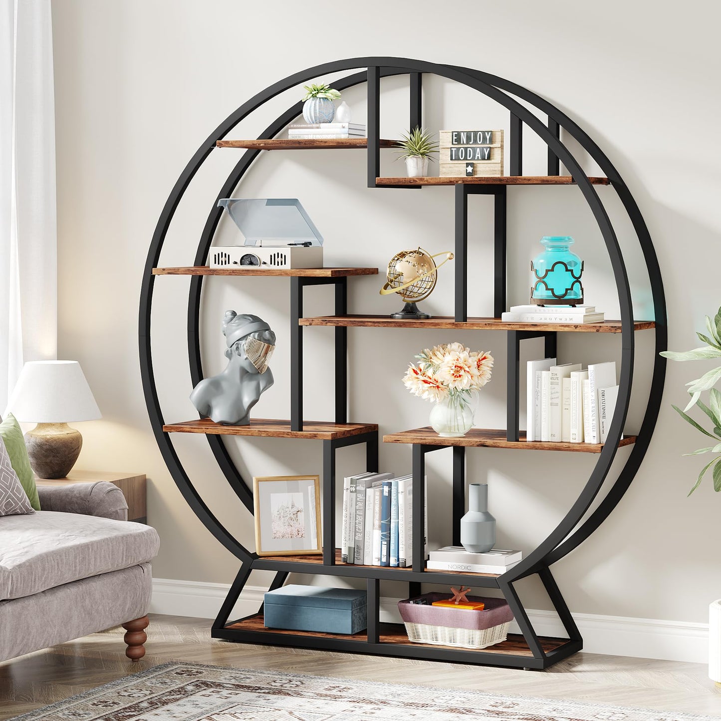 Tribesigns Industrial 5-Tier Round Bookcase – 160 cm Tall Rustic Brown Open Shelf Organizer for Home & Office