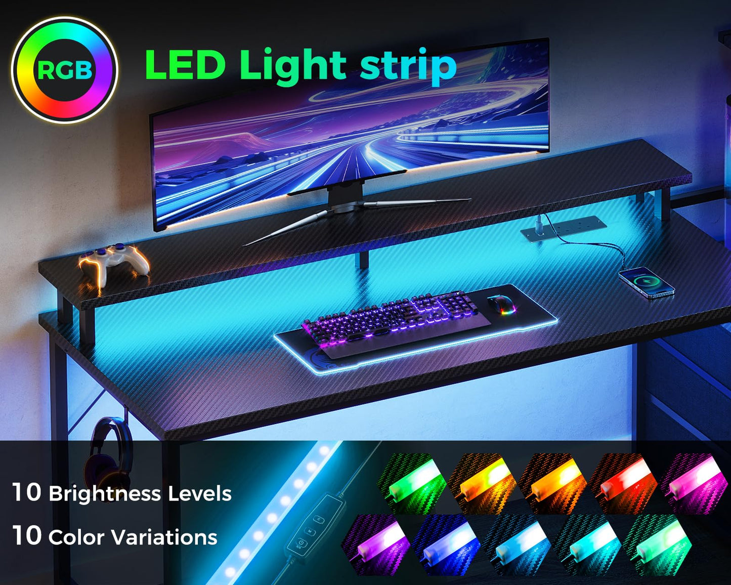 150cm LED Gaming Desk with Power Outlets – Reversible Computer Desk with Drawers & Monitor Stand – Carbon Fiber Black