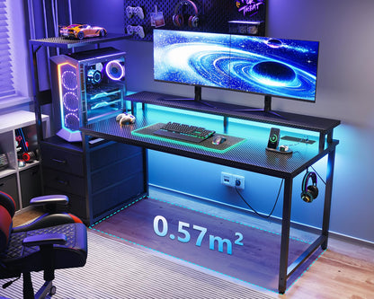 150cm LED Gaming Desk with Power Outlets – Reversible Computer Desk with Drawers & Monitor Stand – Carbon Fiber Black