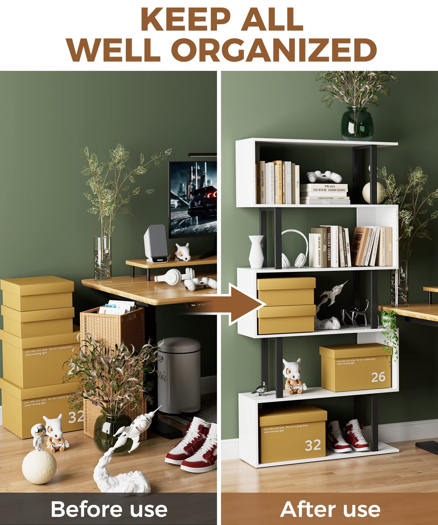Gadroad 5-Tier S-Shaped Bookshelf – Modern Freestanding Storage & Display Unit, White Wood Bookcase for Living Room or Bedroom