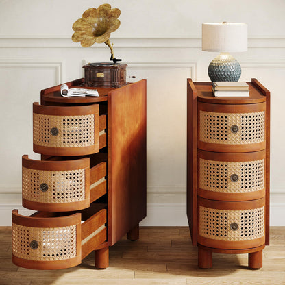 Tribesigns Set of 2 Solid Wood End Tables with 3 Rattan Drawers – Walnut & Oak Finish, No Assembly Needed