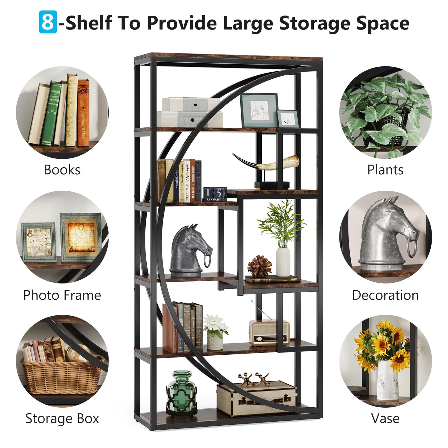 Tribesigns Industrial 5-Tier Bookshelf – 70.8" Tall Rustic Brown Etagere with 8 Open Shelves for Home, Office, or Living Room