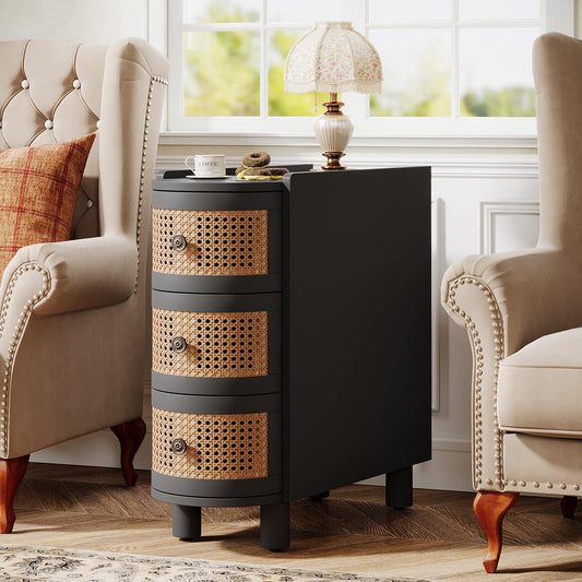 Tribesigns Solid Wood Side Table with 3 Rattan Drawers and Embossed Handles – Black & Oak Finish, No Assembly Required