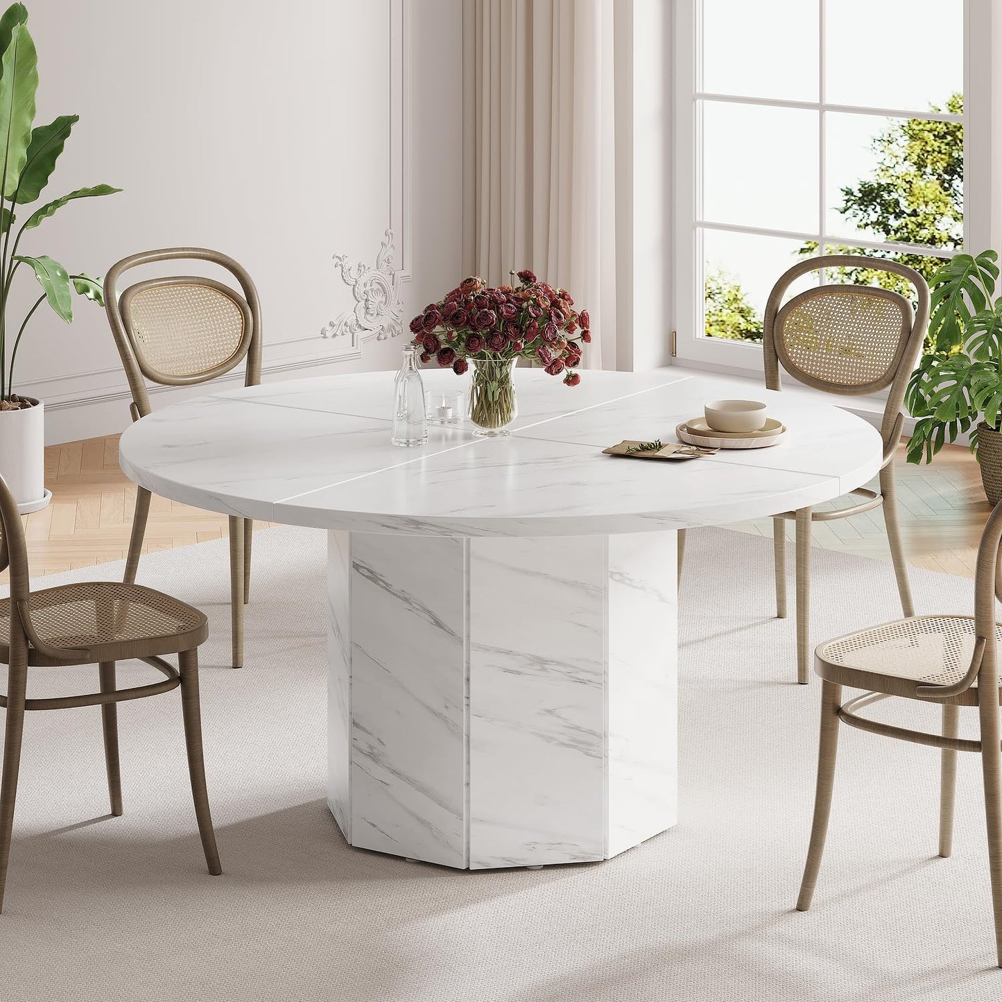 Round 120cm White Marble Dining Table – Modern Faux Marble Kitchen Table for 4–6 People with Octagon Base