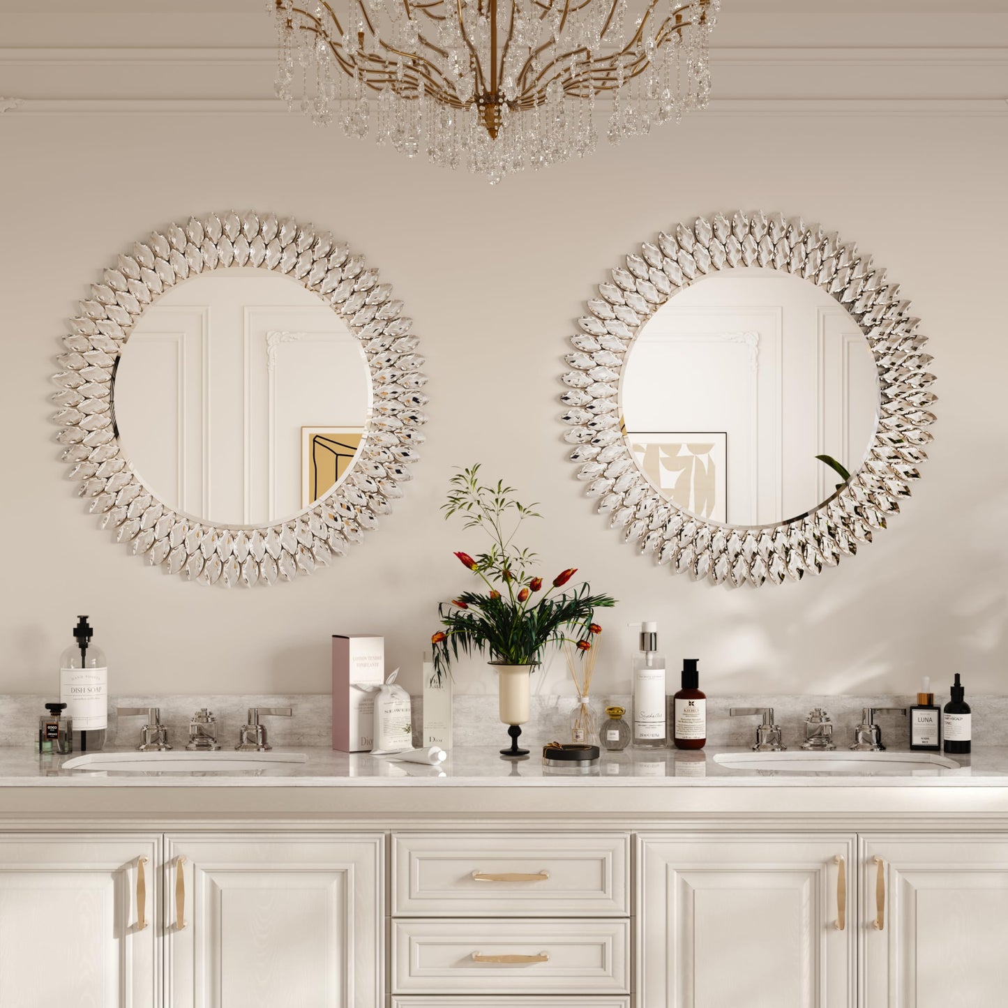 Luxury Round Wall Mirror with Sparkling Crystals – 28" Silver Beveled Glass Mirror with Decorative Frame – Elegant Accent Mirror for Bathroom, Bedroom, Living Room or Entryway