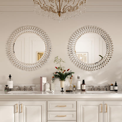 Luxury Round Wall Mirror with Sparkling Crystals – 28" Silver Beveled Glass Mirror with Decorative Frame – Elegant Accent Mirror for Bathroom, Bedroom, Living Room or Entryway