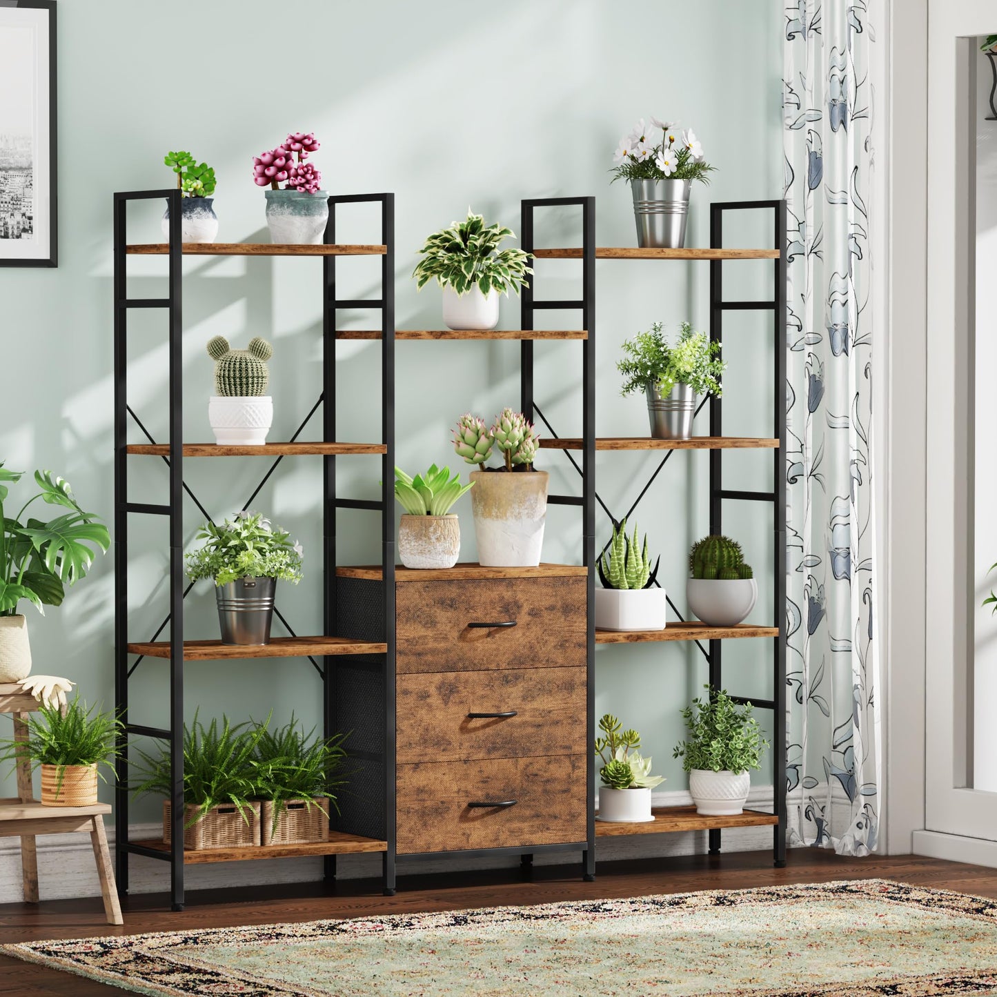 OYRREU 4-Tier Tall Bookcase with 3 Fabric Drawers – 100cm Wide Rustic Wood Storage & Display Shelf for Living Room, Bedroom & Home Office