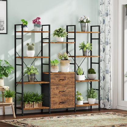 OYRREU 4-Tier Tall Bookcase with 3 Fabric Drawers – 100cm Wide Rustic Wood Storage & Display Shelf for Living Room, Bedroom & Home Office