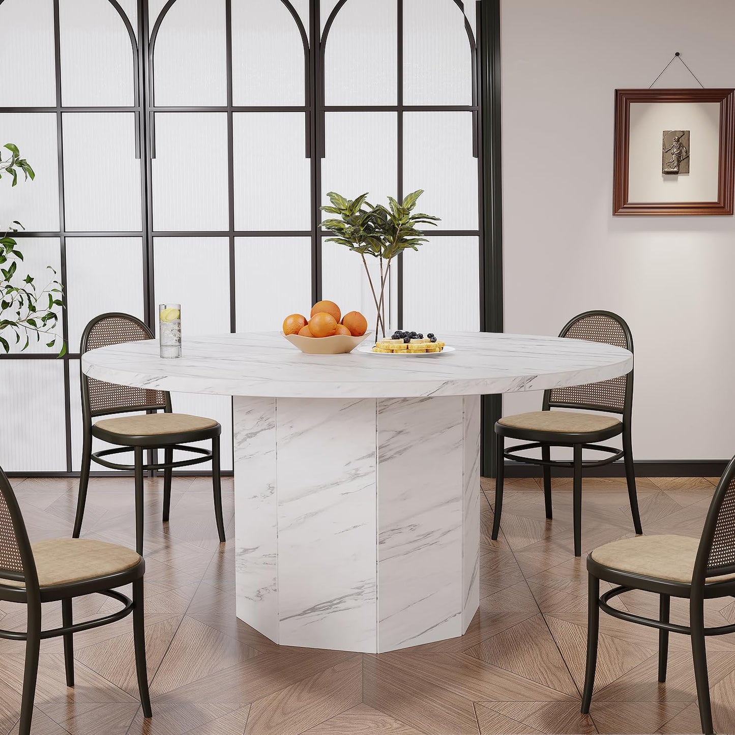 Round 120cm White Marble Dining Table – Modern Faux Marble Kitchen Table for 4–6 People with Octagon Base