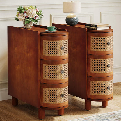 Tribesigns Set of 2 Solid Wood End Tables with 3 Rattan Drawers – Walnut & Oak Finish, No Assembly Needed