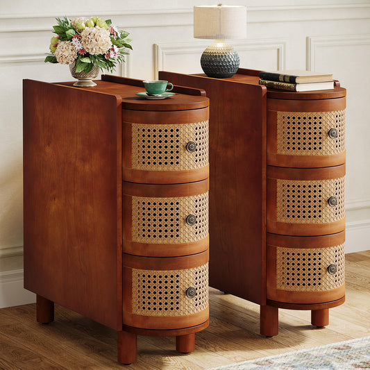 Tribesigns Set of 2 Solid Wood End Tables with 3 Rattan Drawers – Walnut & Oak Finish, No Assembly Needed