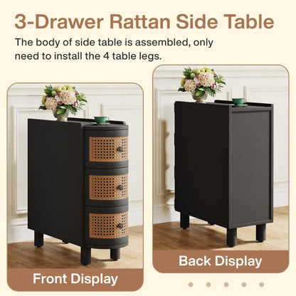 Tribesigns Solid Wood Side Table with 3 Rattan Drawers and Embossed Handles – Black & Oak Finish, No Assembly Required