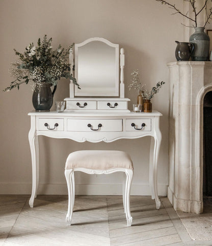 Juliette French-Style Dressing Table with 3 Drawers – White or Champagne Finish | Carved Detailing | Swan or Crystal Handles | 110cm W x 79cm H x 40cm D