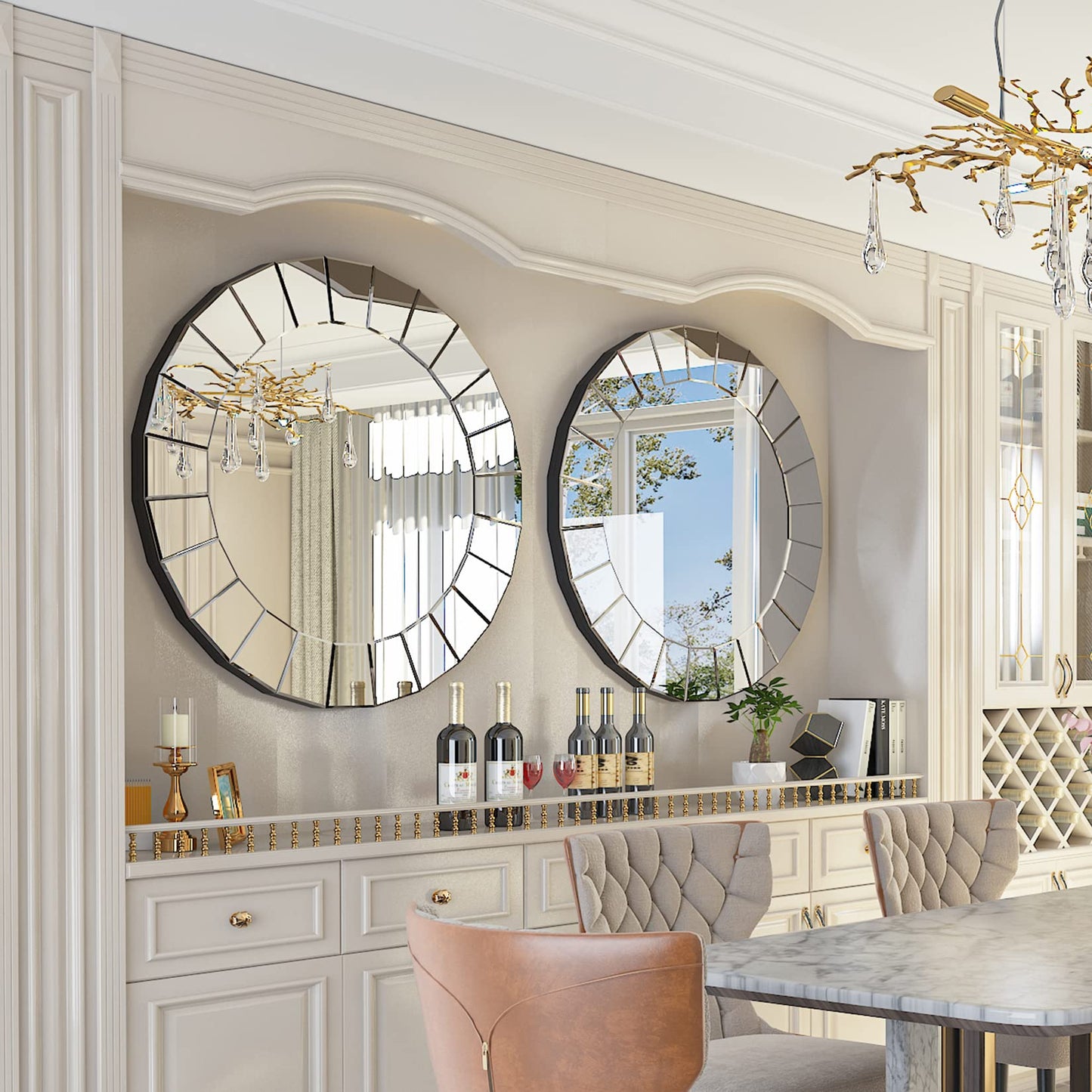Decorative Art Wall Mirror Entryway : Elegant Artistic Look 5mm Premium Glass 80x80x1.7cm Circle Accent Mirror Silver Reflection Decor Mirrors Wall Mount for Living Room, Bathroom, Fireplace