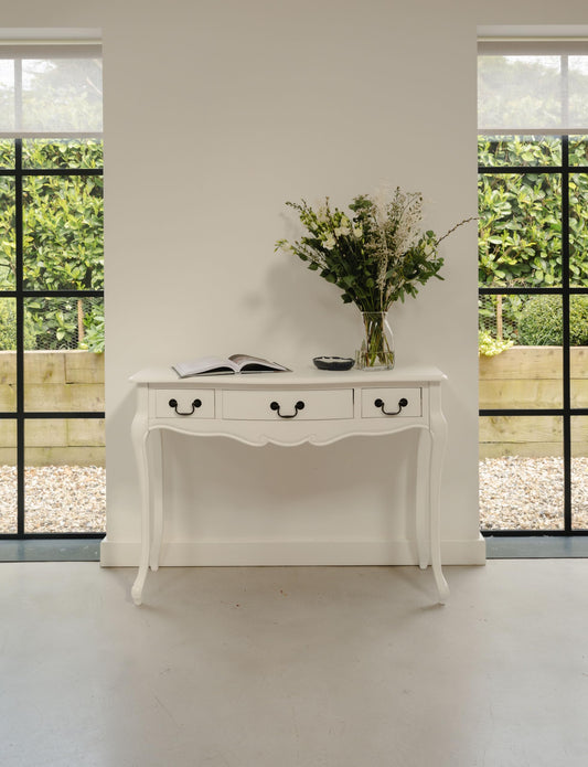 Juliette French-Style Dressing Table with 3 Drawers – White or Champagne Finish | Carved Detailing | Swan or Crystal Handles | 110cm W x 79cm H x 40cm D