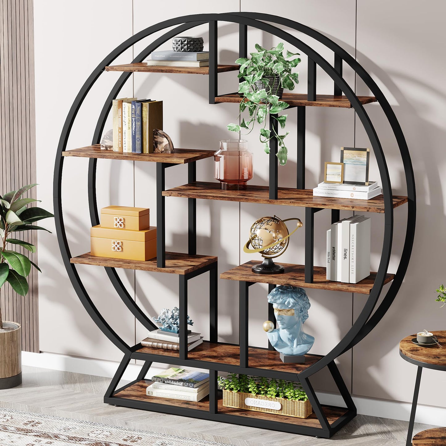 Tribesigns Industrial 5-Tier Round Bookcase – 160 cm Tall Rustic Brown Open Shelf Organizer for Home & Office