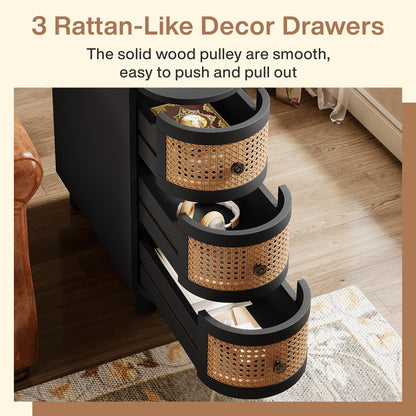 Tribesigns Solid Wood Side Table with 3 Rattan Drawers and Embossed Handles – Black & Oak Finish, No Assembly Required