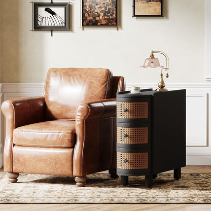 Tribesigns Solid Wood Side Table with 3 Rattan Drawers and Embossed Handles – Black & Oak Finish, No Assembly Required