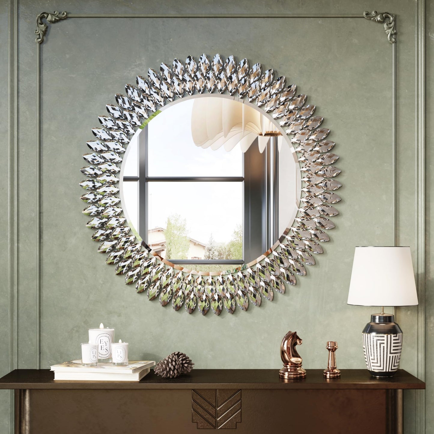 Luxury Round Wall Mirror with Sparkling Crystals – 28" Silver Beveled Glass Mirror with Decorative Frame – Elegant Accent Mirror for Bathroom, Bedroom, Living Room or Entryway
