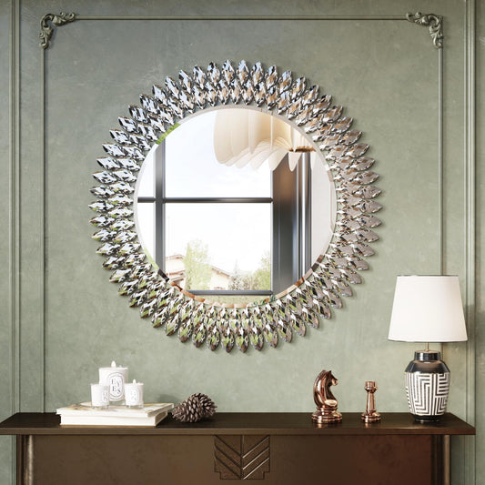 Luxury Round Wall Mirror with Sparkling Crystals – 28" Silver Beveled Glass Mirror with Decorative Frame – Elegant Accent Mirror for Bathroom, Bedroom, Living Room or Entryway