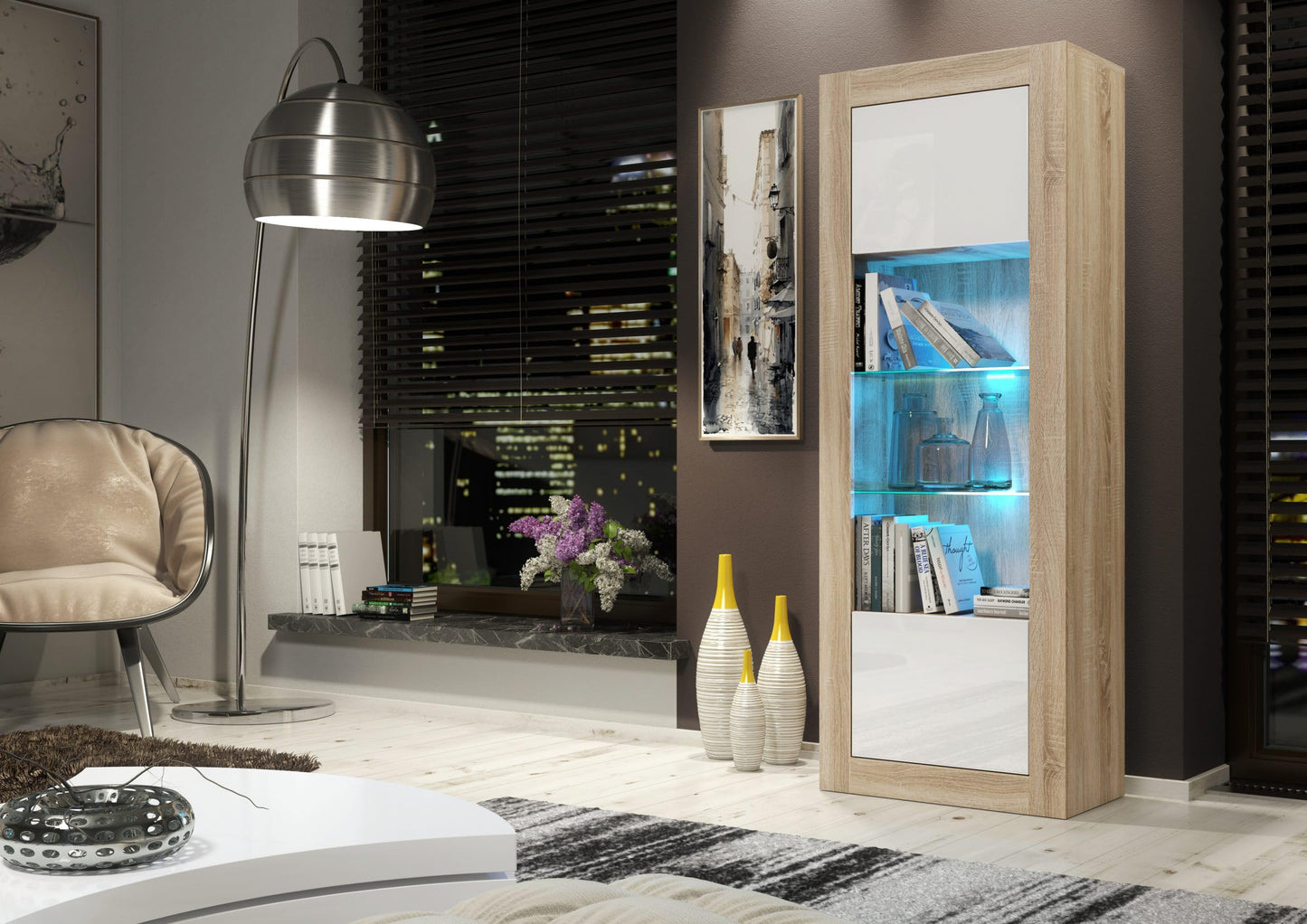 Modern Oak and White Gloss Sideboard with LED Lighting – 170cm Display Cabinet with Glass Shelves