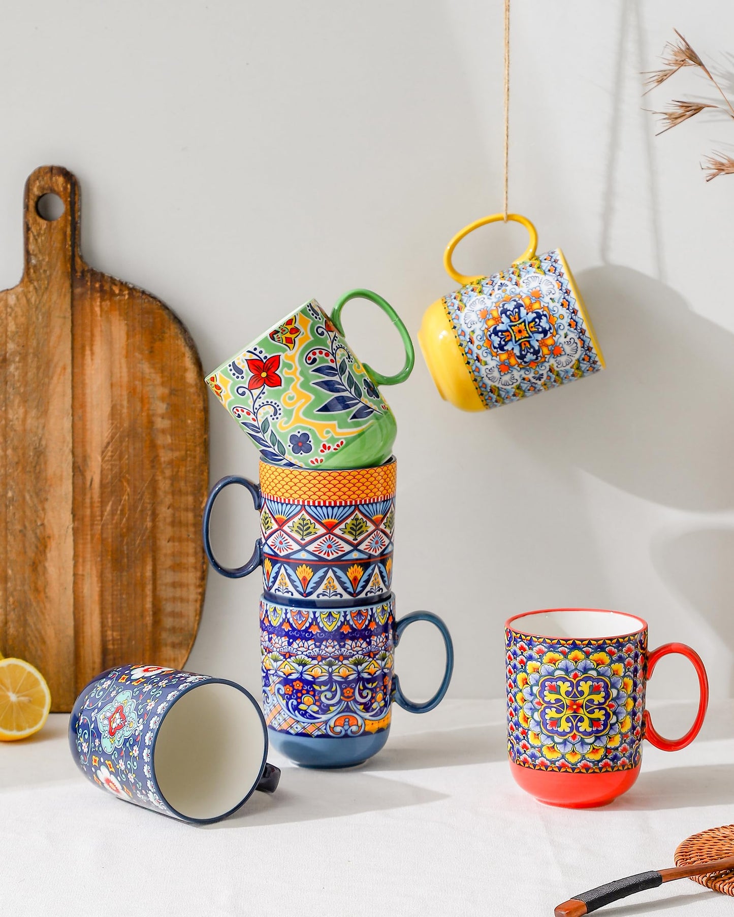 Porcelain Coffee Mug Set – 6-Pack, 410ml Colorful Cups with Handles, Bohemian Style Drinkware for Coffee, Tea, Milk & Cappuccino