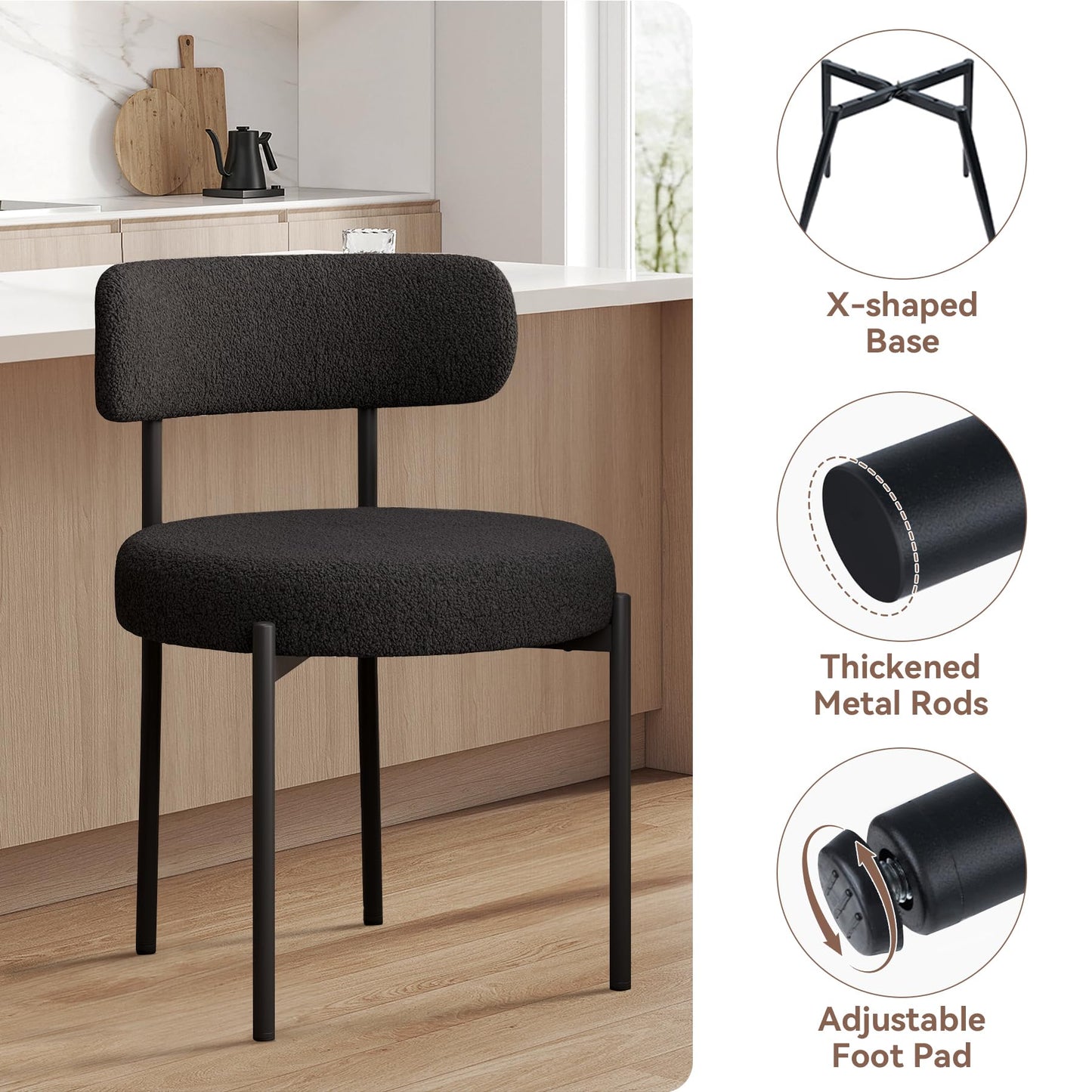 Set of 4 Black Bouclé Dining Chairs – Upholstered Curved Back Chairs with Armrests & Metal Legs