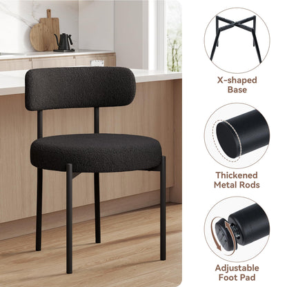 Set of 4 Black Bouclé Dining Chairs – Upholstered Curved Back Chairs with Armrests & Metal Legs