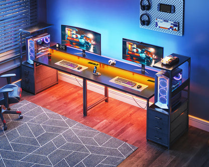 150cm LED Gaming Desk with Power Outlets – Reversible Computer Desk with Drawers & Monitor Stand – Carbon Fiber Black