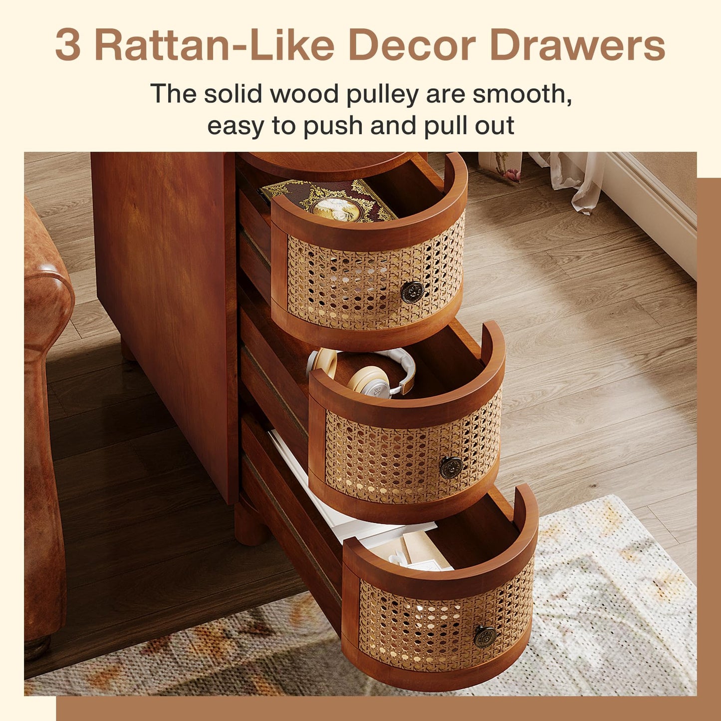 Tribesigns Set of 2 Solid Wood End Tables with 3 Rattan Drawers – Walnut & Oak Finish, No Assembly Needed