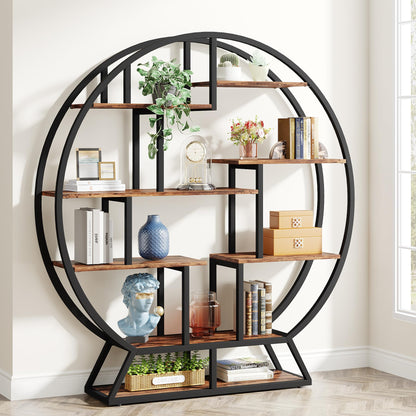 Tribesigns Industrial 5-Tier Round Bookcase – 160 cm Tall Rustic Brown Open Shelf Organizer for Home & Office