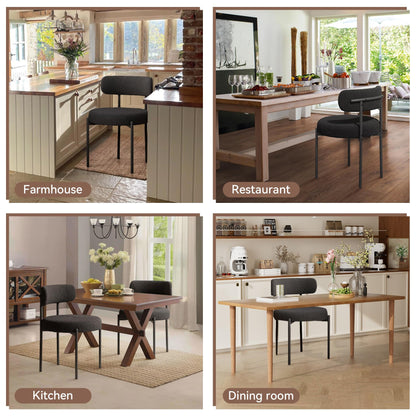 Set of 4 Black Bouclé Dining Chairs – Upholstered Curved Back Chairs with Armrests & Metal Legs