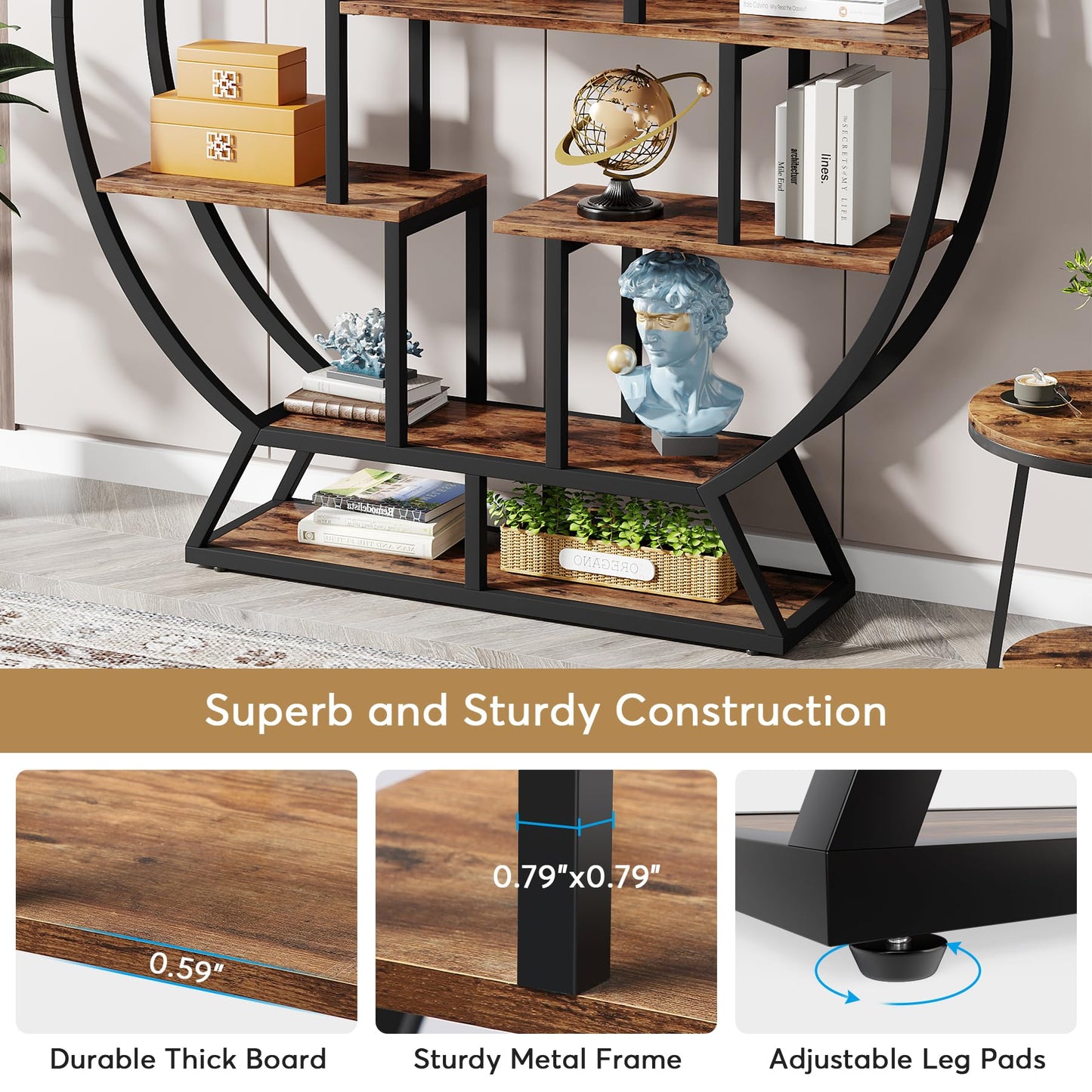 Tribesigns Industrial 5-Tier Round Bookcase – 160 cm Tall Rustic Brown Open Shelf Organizer for Home & Office