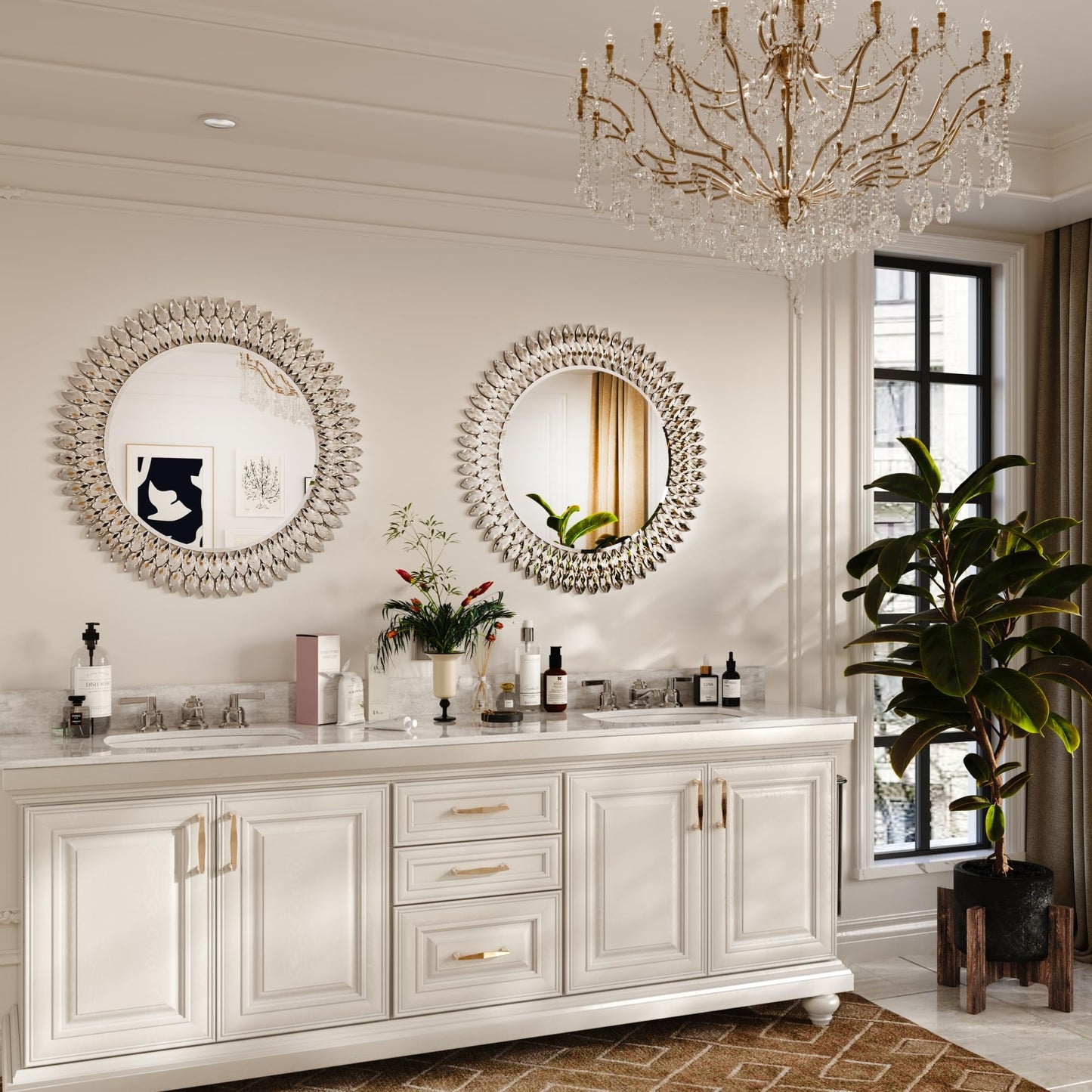 Luxury Round Wall Mirror with Sparkling Crystals – 28" Silver Beveled Glass Mirror with Decorative Frame – Elegant Accent Mirror for Bathroom, Bedroom, Living Room or Entryway