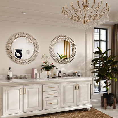 Luxury Round Wall Mirror with Sparkling Crystals – 28" Silver Beveled Glass Mirror with Decorative Frame – Elegant Accent Mirror for Bathroom, Bedroom, Living Room or Entryway
