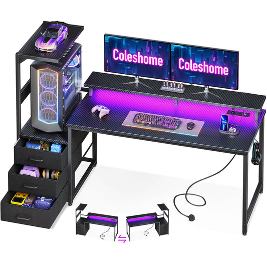 150cm LED Gaming Desk with Power Outlets – Reversible Computer Desk with Drawers & Monitor Stand – Carbon Fiber Black