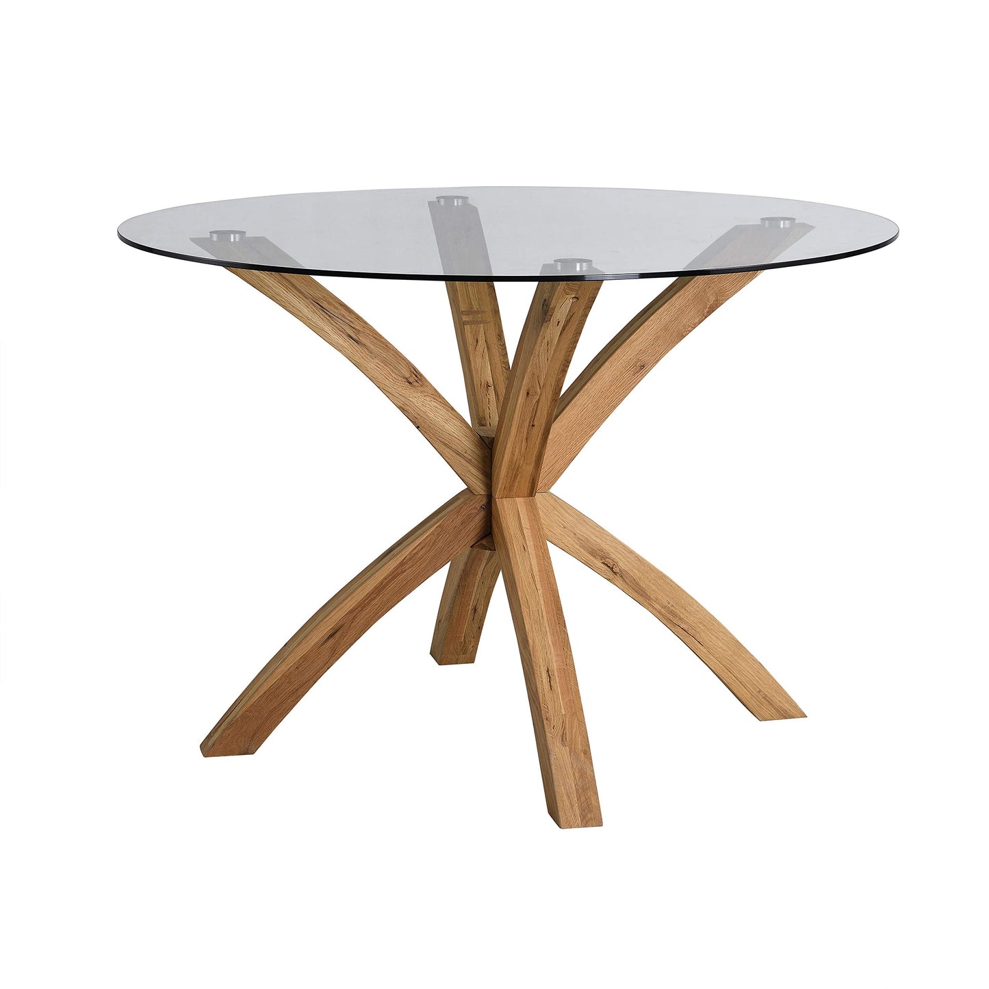 Glass Round Dining Table with Solid Oak Legs – 110cm Diameter, Modern Design