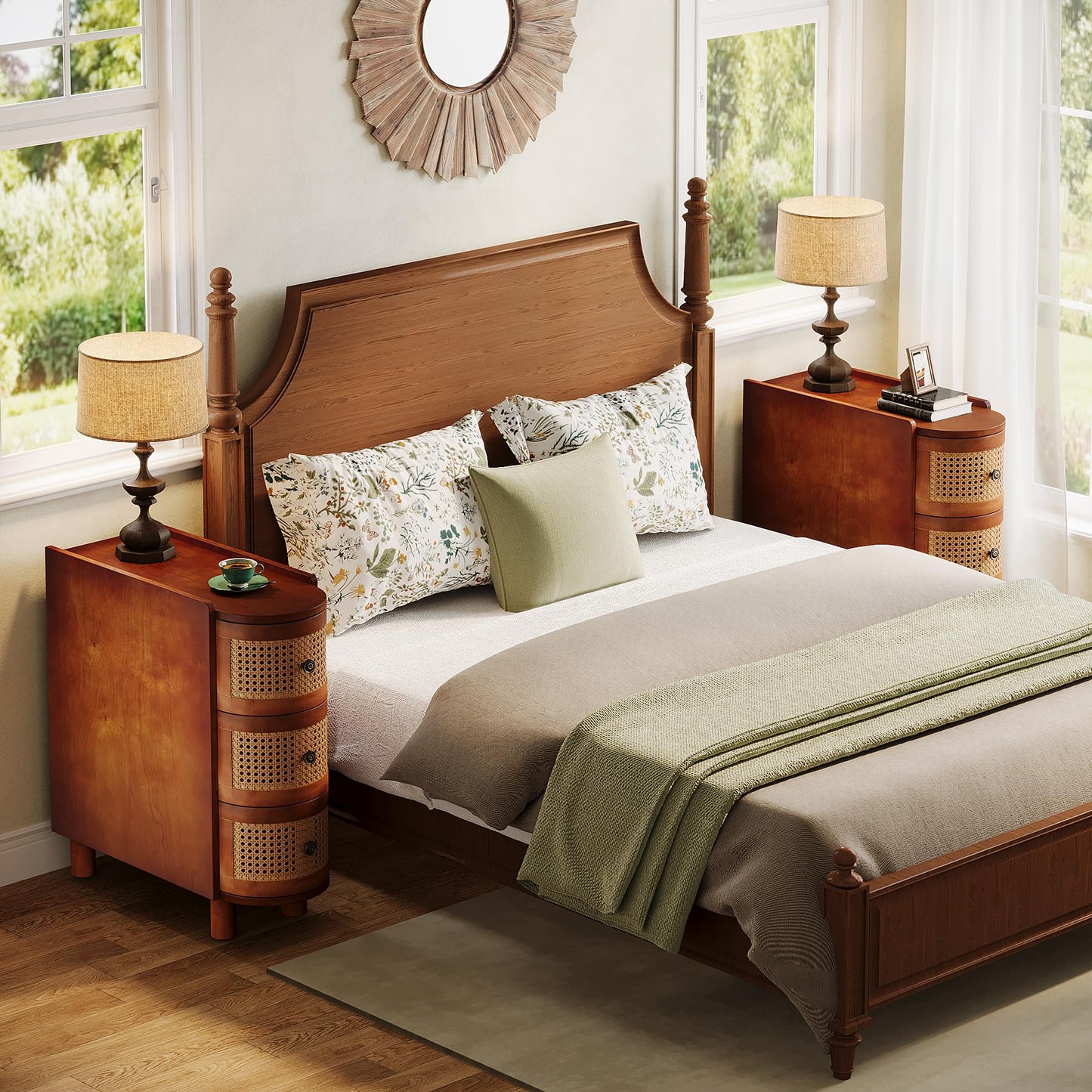 Tribesigns Set of 2 Solid Wood End Tables with 3 Rattan Drawers – Walnut & Oak Finish, No Assembly Needed