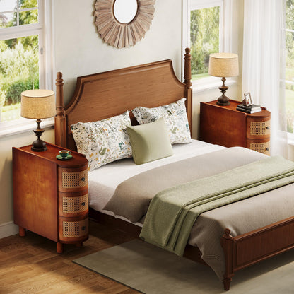 Tribesigns Set of 2 Solid Wood End Tables with 3 Rattan Drawers – Walnut & Oak Finish, No Assembly Needed
