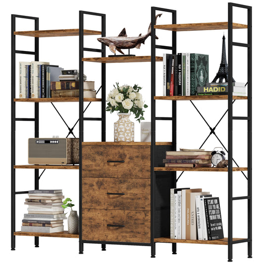 OYRREU 4-Tier Tall Bookcase with 3 Fabric Drawers – 100cm Wide Rustic Wood Storage & Display Shelf for Living Room, Bedroom & Home Office