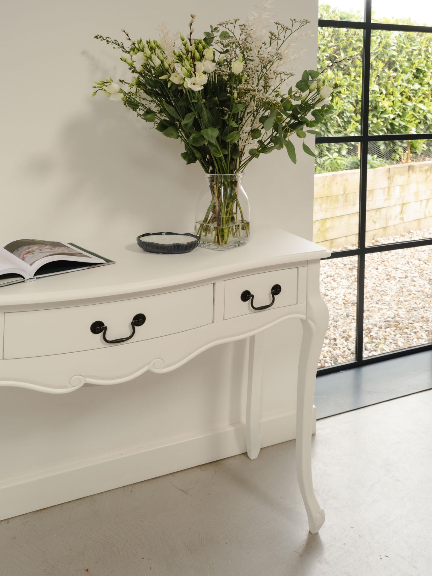 Juliette French-Style Dressing Table with 3 Drawers – White or Champagne Finish | Carved Detailing | Swan or Crystal Handles | 110cm W x 79cm H x 40cm D