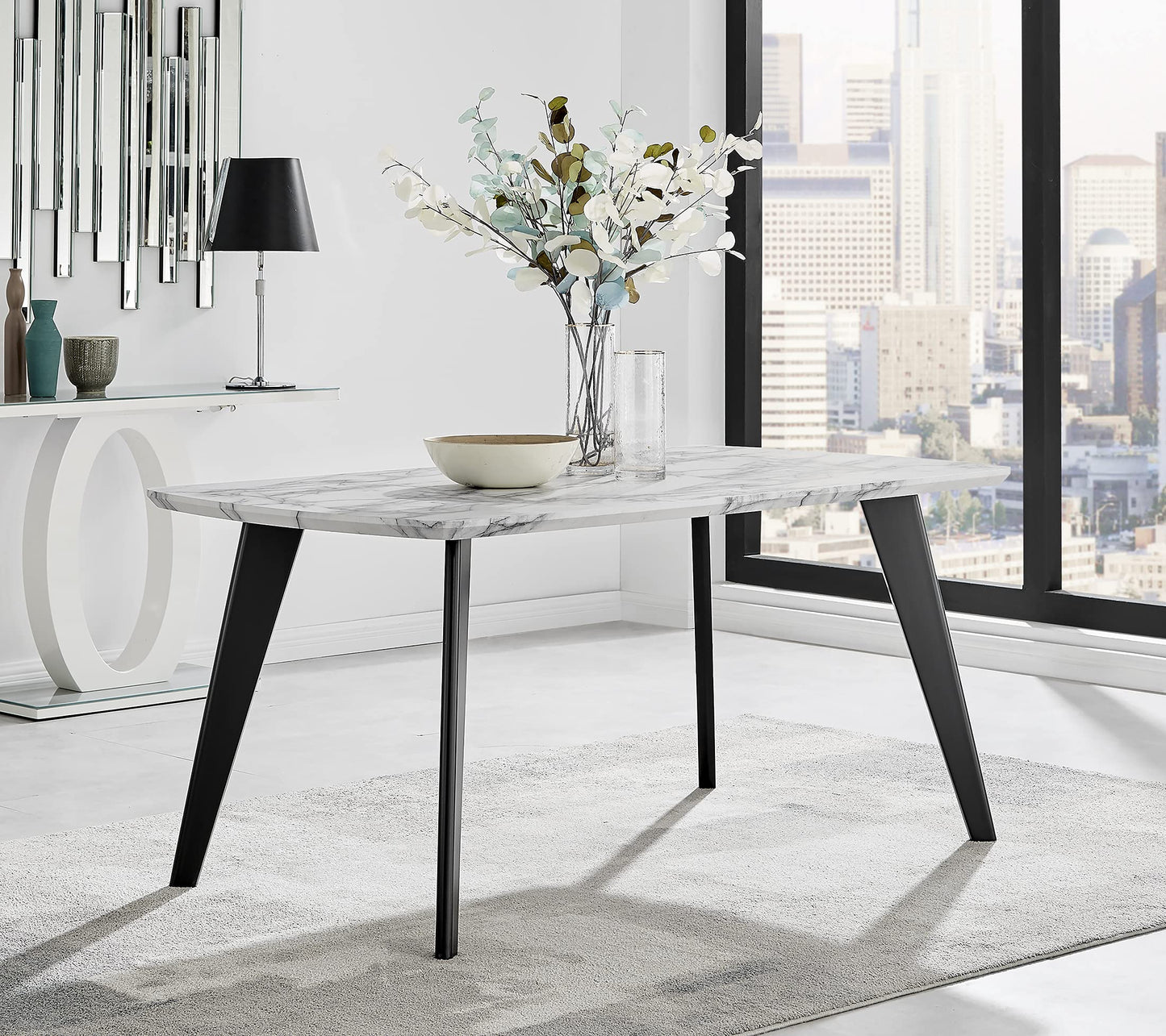 Andria Large 6-Seater Dining Table – White Marble Effect Top with Black Legs