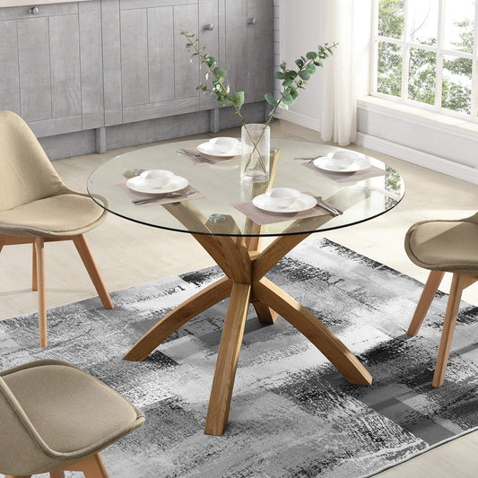 Glass Round Dining Table with Solid Oak Legs – 110cm Diameter, Modern Design