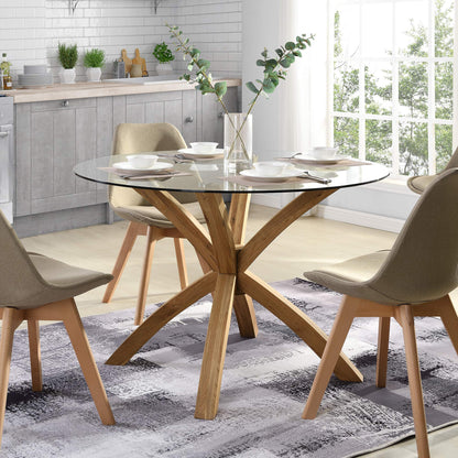 Glass Round Dining Table with Solid Oak Legs – 110cm Diameter, Modern Design