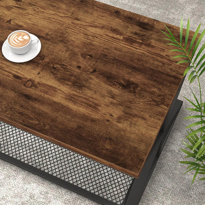 Rustic Brown Industrial Coffee Table – Wood and Metal Living Room Table with Mesh Shelf, 120 cm