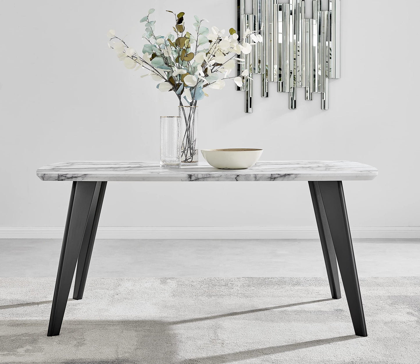 Andria Large 6-Seater Dining Table – White Marble Effect Top with Black Legs