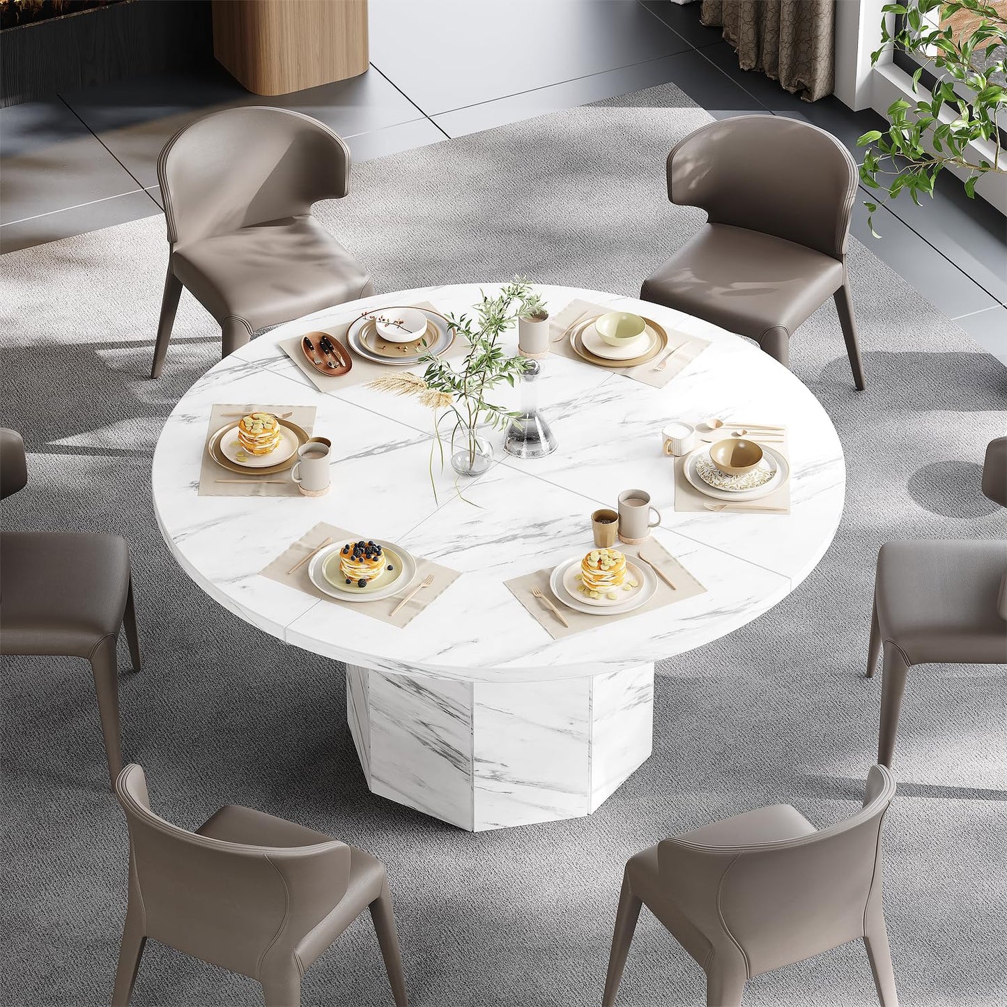 Round 120cm White Marble Dining Table – Modern Faux Marble Kitchen Table for 4–6 People with Octagon Base