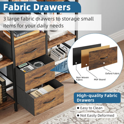 OYRREU 4-Tier Tall Bookcase with 3 Fabric Drawers – 100cm Wide Rustic Wood Storage & Display Shelf for Living Room, Bedroom & Home Office